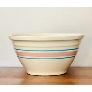 Vintage McCoy Nelson Ovenware Pink & Blue Striped Mixing‎ Bowl Stoneware 10 inch